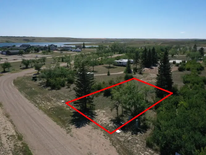 Aerial view of Lot 22 at Sandy Shores Resort & Marina with the lot boundary outlined in red
