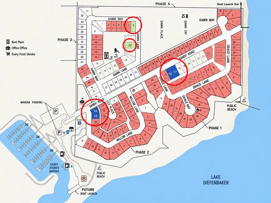 Sandy Shores development map showing featured lots and RTM package locations