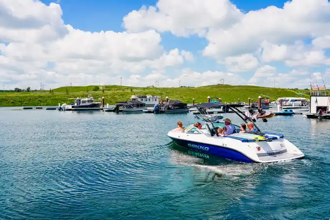 Boats out on the water at the Sandy Shores marina