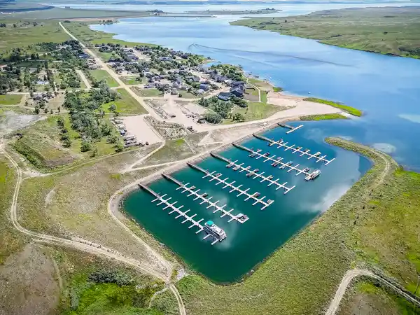 Aerial view of Lake Diefenbaker and the Sandy Shores development