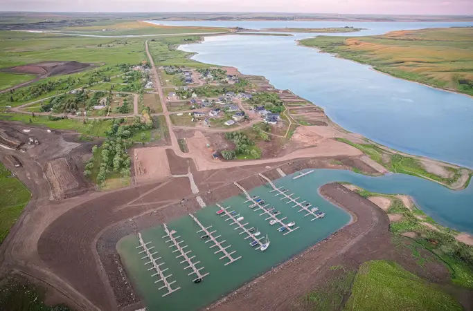 Aerial view of Lake Diefenbaker and the Sandy Shores development