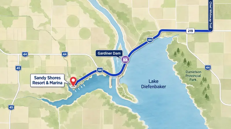Map showing the drive from Saskatoon to Sandy Shores Resort & Marina