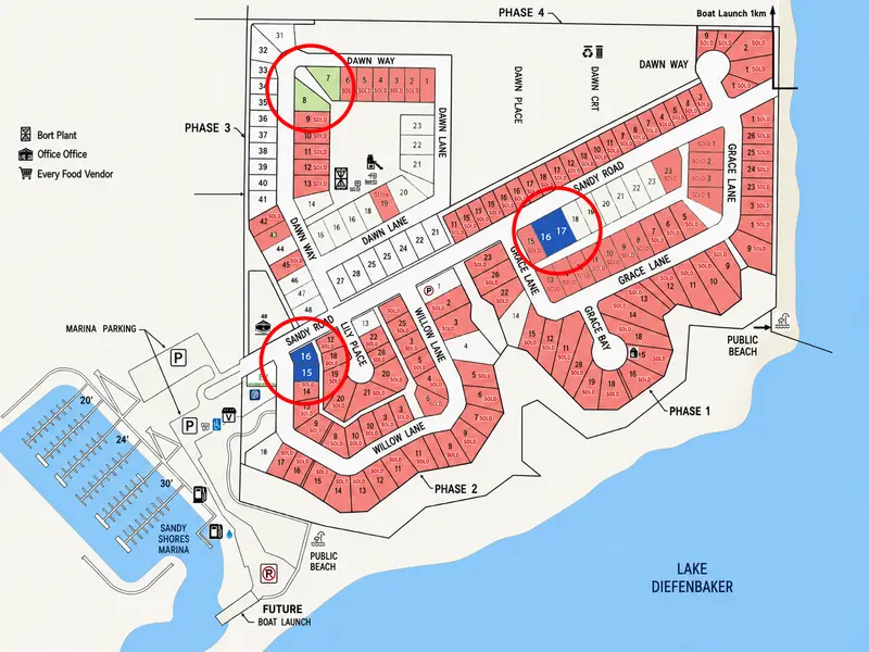 Sandy Shores development map showing featured lots and RTM package locations